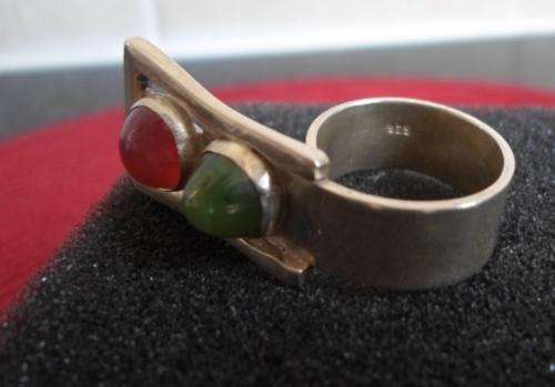 LOVELY!! CHUNKY LADIES STERLING SILVER RING SET WITH CABOCHAN JADE & PINK STONE