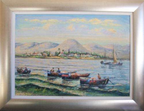 BEAUTIFUL!!! COASTAL FISHING SCENE OIL ON BOARD SIGNED!!