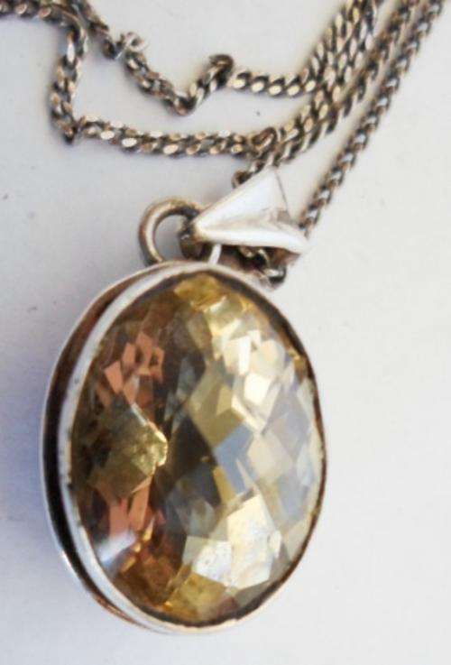 EXCEPTIONAL!! LARGE CITRINE & STERLING SILVER PENDANT WITH 925 CHAIN