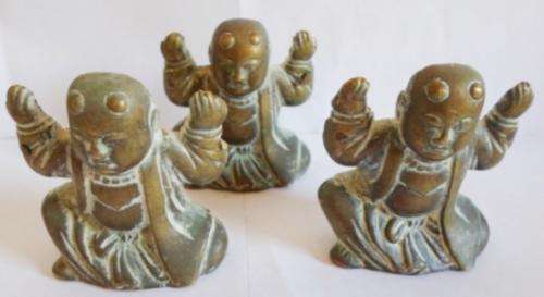 3 ANTIQUE ORIENTAL BRASS FEET FOR EITHER A POT OR TABLE CIRCA 1920's