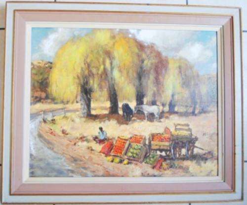 RARE!!! LARGE VICTOR IVANHOFF OIL ON BOARD OF A FRUIT SELLER DATED '54 VALUE R15,000