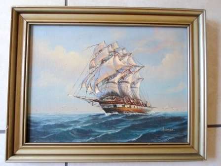MAGNIFICENT!! VINTAGE OIL ON BOARD OF SHIP SIGNED AMBROSE 420mm X 305mm