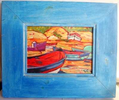 STUNNING!! SA ACRYLIC ON BOARD OF BOATS SIGNED G.C, AMAZING HAND!! WOW!!