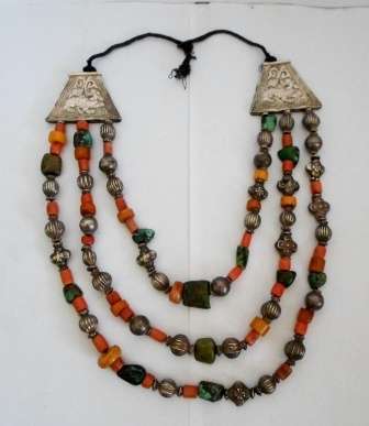 19th CENTURY FOO DOG TIBETAN SILVER, AMBER, TURQUOISE & CORAL NECKLACE CIRCA 1880's 119g VALUE R4500