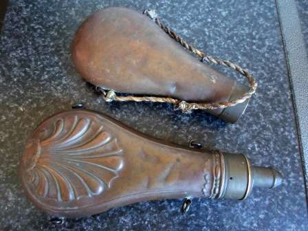 WOW!! 2 X 19th CENTURY BLACK POWDER GUN FLASKS WOW!! WOW!!