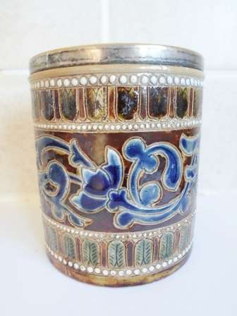 WOW!! STUNNING 1880's SIGNED DOULTON LAMBETH VASE WITH SILVERPLATED RIM WOW!!