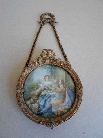 WOW!! EXQUISITE!! ORNATE VICTORIAN GILT BRONZE FRAME WITH SIGNED MINIATURE PAINTING, CIRCA 1890's