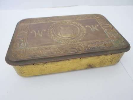 WOW!! WW1 1914 BRASS CHRISTMAS CHOCOLATE TIN AMAZING FIND!! GREAT CONDITION!! WOW!!