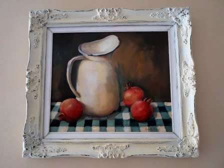 SPECTACULAR!! REINETTE VISAGE OIL ON  BOARD "STILLIFE WITH POMEGRANITES" 340 X 290mm VALUE R1500 WOW