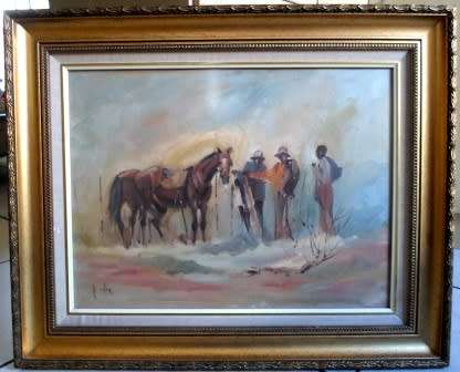 AMAZING!! WALLACE HULLEY OIL ON CANVAS ON BOARD "3 FIGURES WITH HORSE" 600 X 450mm VALUE R4500 WOW