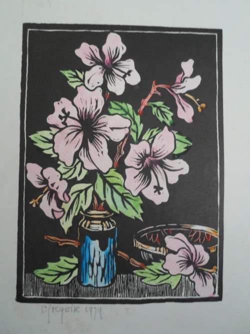 WOW!! GREGOIRE BOONZAIER 1979 "FLOWERS" WATERCOLOUR LINOCUT 200 X 145mm VALUE R3500 WOW!!