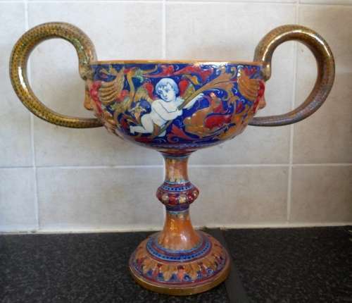 HUGE!! ITALIAN MAJOLICA TWIN HANDLED LOVING CUP WITH EXQUISITE DETAIL 400 X 315 X 205mm  WOW!!