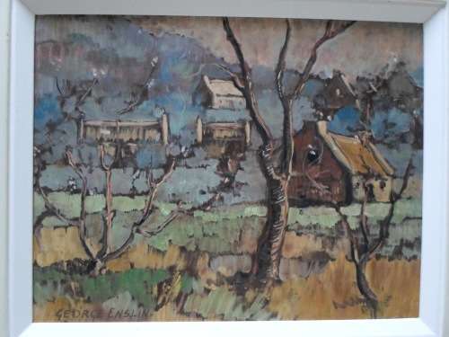 MAGNIFICENT!! GEORGE ENSLIN OIL ON BOARD "LANDSCAPE WITH COTTAGES" 415 X 325mm VALUE R15500