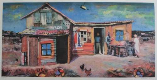 LARGE!! WILLIE BESTER "HOUSE WITH SAP HELICOPTER" 36/100 LITHOGRAPH '94 VALUE R6000 WOW!!