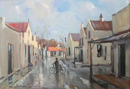 INVESTMENT!! DON MADGE OIL ON BOARD STELLENBOSCH STREET  500 X 350mm !! VALUE R12800