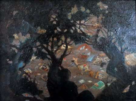 INVESTMENT!!!! HARDY BOTHA "FIGURES IN TREE'S WITH PAINTINGS" OIL ON BOARD 800 X 600mm VALUE R18500
