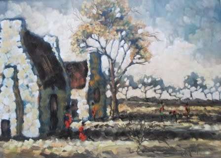 STUNNING!!! MEL BRIGG "RURAL COTTAGES WITH PEOPLE" DATED '72 OIL ON BOARD  500 X 370mm VALUE R8000!!