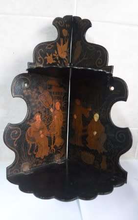 EXQUISITE!! VICTORIAN LACQUER PAPIER-MACHE CHINOISERIE FOLDING CORNER SHELF CIRCA 1880's WOW!! WOW!!