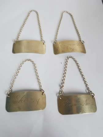 4 X VINTAGE STERLING SILVER DECANTER LABELS PIMMS NO.1, VERMOUTH DRY & SHERRY CIRCA 1950's 42,2g