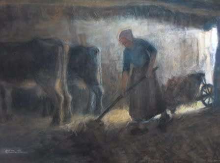 BELGIAN!! LARGE CLEMENT DE PORRE "LADY IN BARN WITH COWS" PASTEL ON PAPER  1050 X 760mm  VALUE R6500