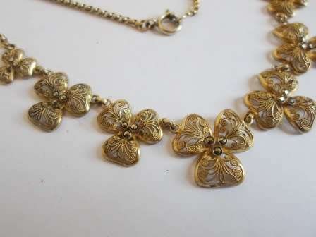MAGNIFICENT!! VINTAGE GERMAN GILT FILIGREE STERLING SILVER MARCASITE NECKLACE 12,2g  WOW!!
