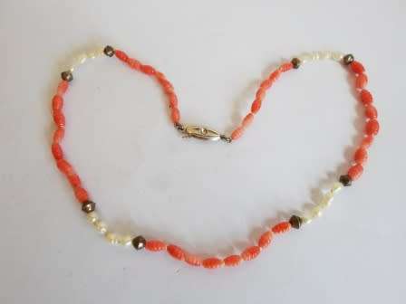 STUNNING!! ART DECO 835 SILVER CARVED CORAL & PEARL NECKLACE CIRCA 1930's   WOW!!