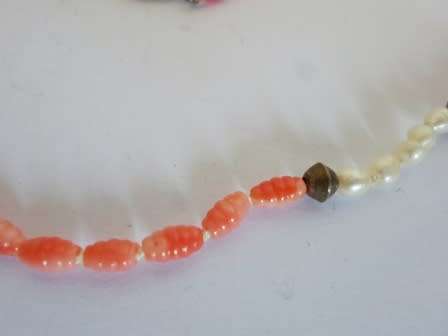 STUNNING!! ART DECO 835 SILVER CARVED CORAL & PEARL NECKLACE CIRCA 1930's   WOW!!