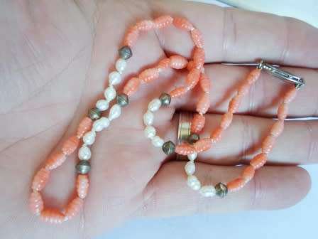 STUNNING!! ART DECO 835 SILVER CARVED CORAL & PEARL NECKLACE CIRCA 1930's   WOW!!