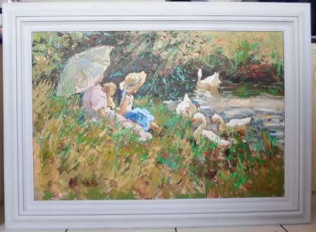 SPECTACULAR!! HUGE DANIE SMITH "GIRLS WITH GEESE" OIL ON BOARD 1200 X 800mm VALUE R35000