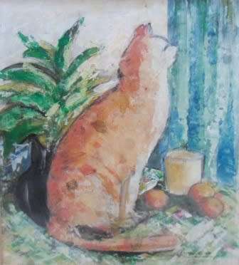 SO CUTE!! SIGNED OIL ON CARD OF CAT STARING OUT A WINDOW!!  180 X 170mm WOW!!