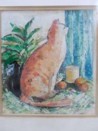 SO CUTE!! SIGNED OIL ON CARD OF CAT STARING OUT A WINDOW!!  180 X 170mm WOW!!