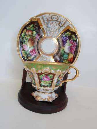 SUPERB!! 19TH CENTURY HAND PAINTED CUP & SAUCER WITH MAHOGANY STAND AMAZING FIND!! WOW!!