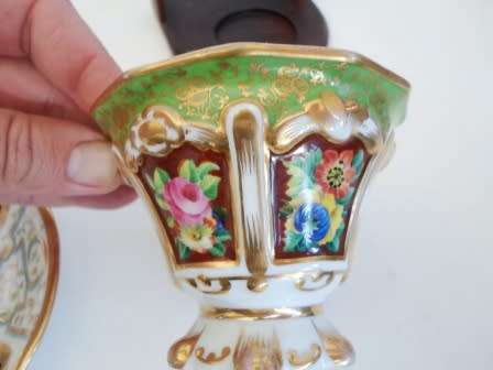 SUPERB!! 19TH CENTURY HAND PAINTED CUP & SAUCER WITH MAHOGANY STAND AMAZING FIND!! WOW!!