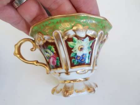 SUPERB!! 19TH CENTURY HAND PAINTED CUP & SAUCER WITH MAHOGANY STAND AMAZING FIND!! WOW!!