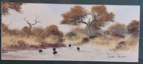 Wow!! David Johnson mixed media landscape with guinea fowls 370 x 155mm  Value R1500