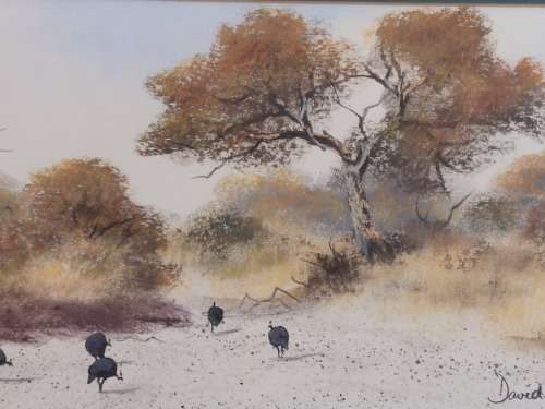 Wow!! David Johnson mixed media landscape with guinea fowls 370 x 155mm  Value R1500