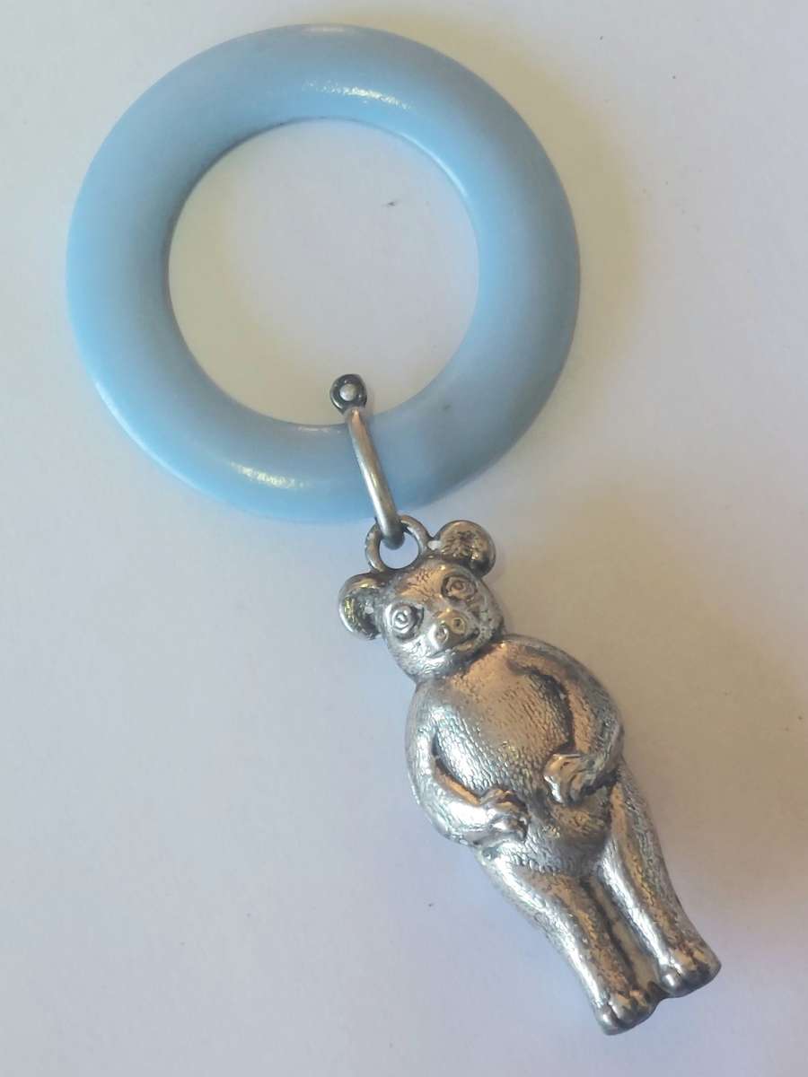Awesome vintage teddy bear silver plated & bakelite teething rattle