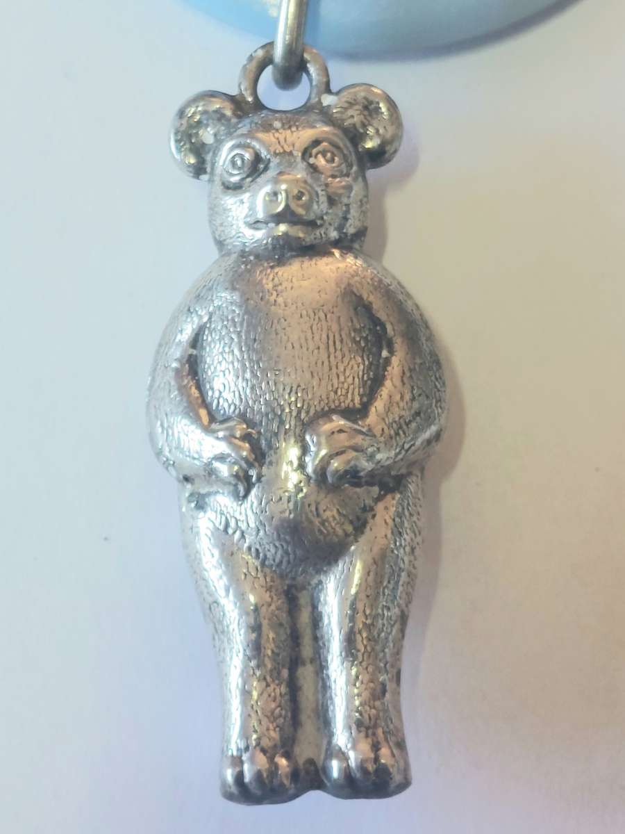 Awesome vintage teddy bear silver plated & bakelite teething rattle
