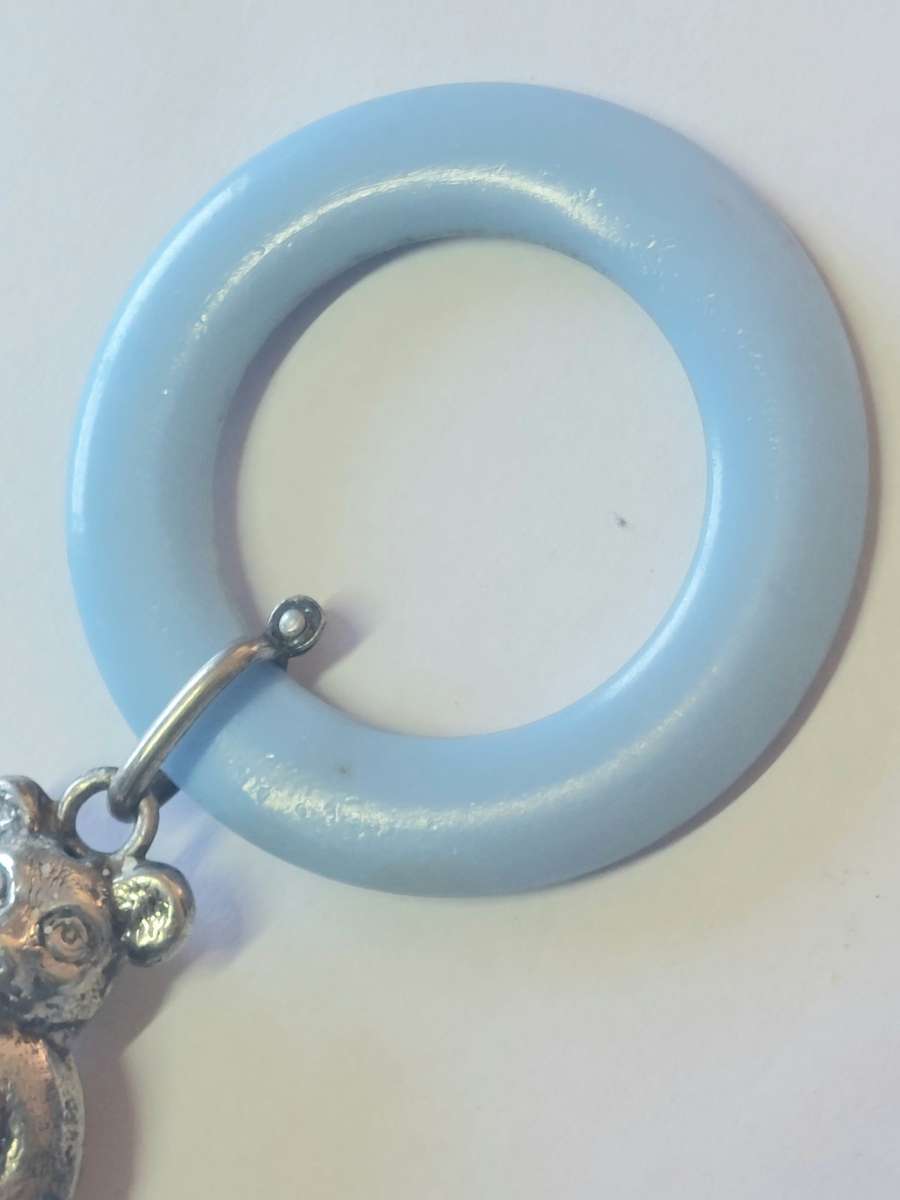Awesome vintage teddy bear silver plated & bakelite teething rattle