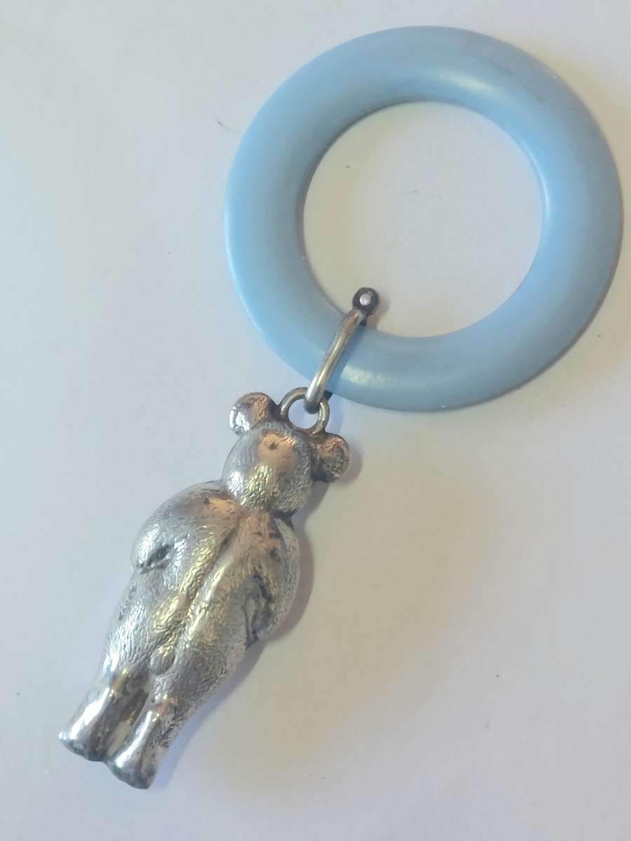 Awesome vintage teddy bear silver plated & bakelite teething rattle