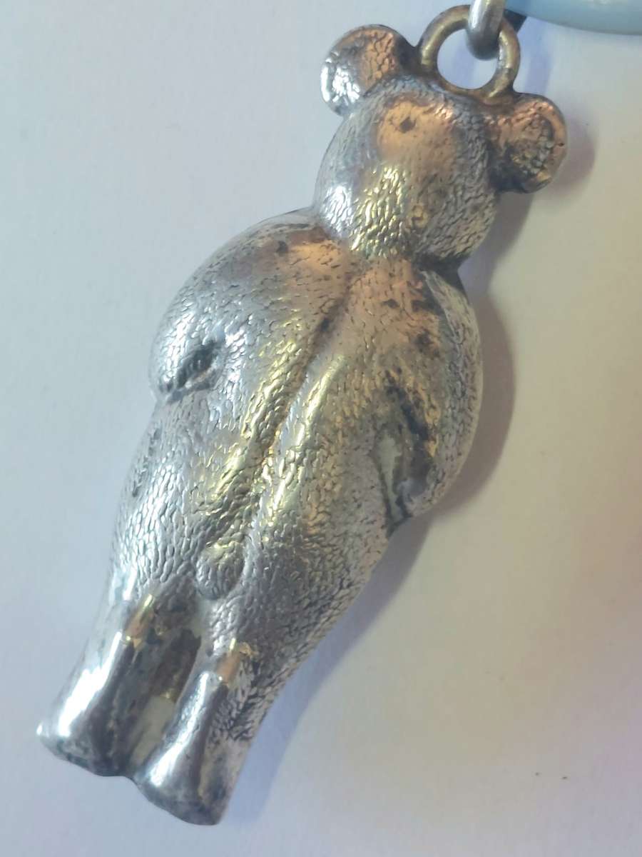 Awesome vintage teddy bear silver plated & bakelite teething rattle