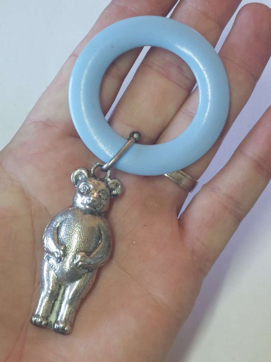 Awesome vintage teddy bear silver plated & bakelite teething rattle