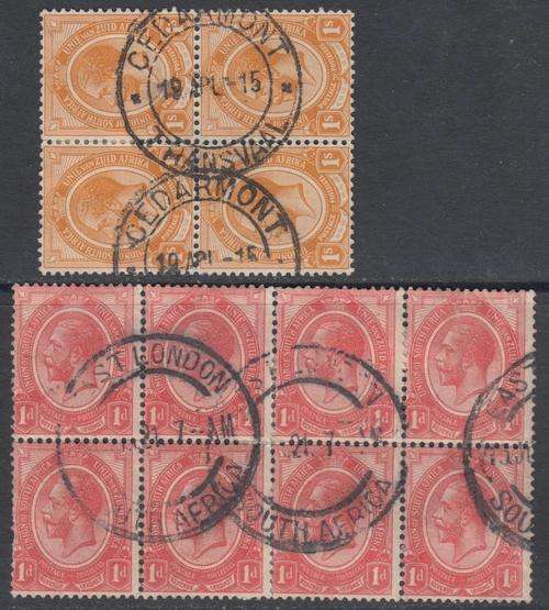 B141124  South Africa 1910 KGV CEDARMONT = Putzel VERY RARE blocks x 2