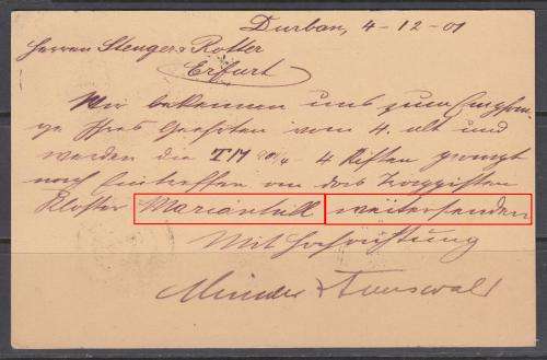 B180101 UNSENSORED Boer War Marionhil  Mission Natal 1901 to Germany