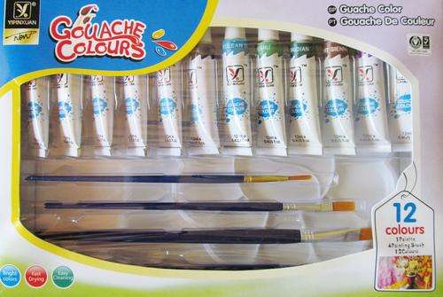 Painting set. GOULACHE COLOURS.  Includes 12 bright colours, 4 Brushes, painting pallette.
