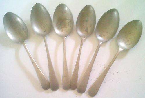 Set of 6 very old Nickel silver table spoons.