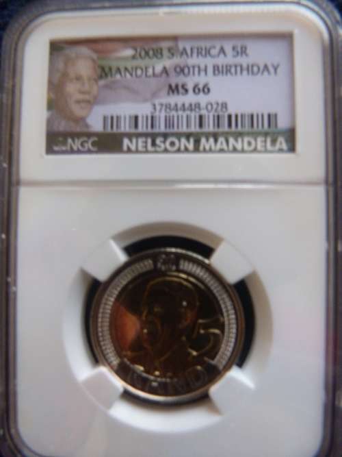 2008 90TH BIRTHDAY MANDELA R5 COIN NGC GRADED MS66***10 AVAILABLE*** Mandela Picture on Slab
