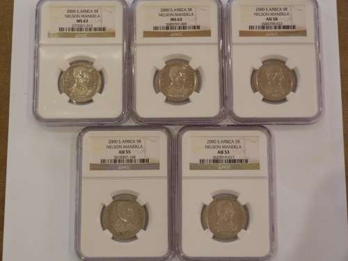 2000 SOUTH AFRICA R5 NELSON MANDELA SET 5 COINS (MS63,62,AU58,55,53) BID PER SET
