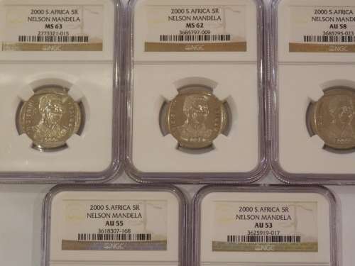 2000 SOUTH AFRICA R5 NELSON MANDELA SET 5 COINS (MS63,62,AU58,55,53) BID PER SET