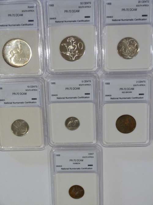 1968 SOUTH AFRICAN PR 70 DCAM COIN SET INCLUDES R1, 50C,20C,10C,5C,2C,1C BID PER SET